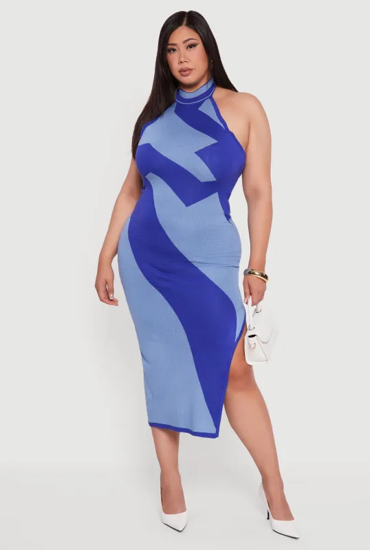 Plus Size Abstract Print Mock Neck Halter Maxi Dress sold by Rainbow