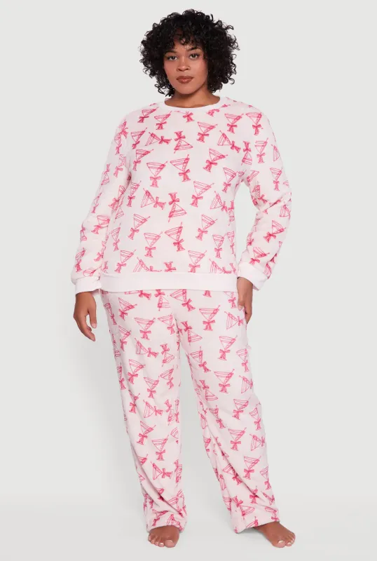 Plus Size Plush Martini Print Pajama Top and Pants sold by Rainbow
