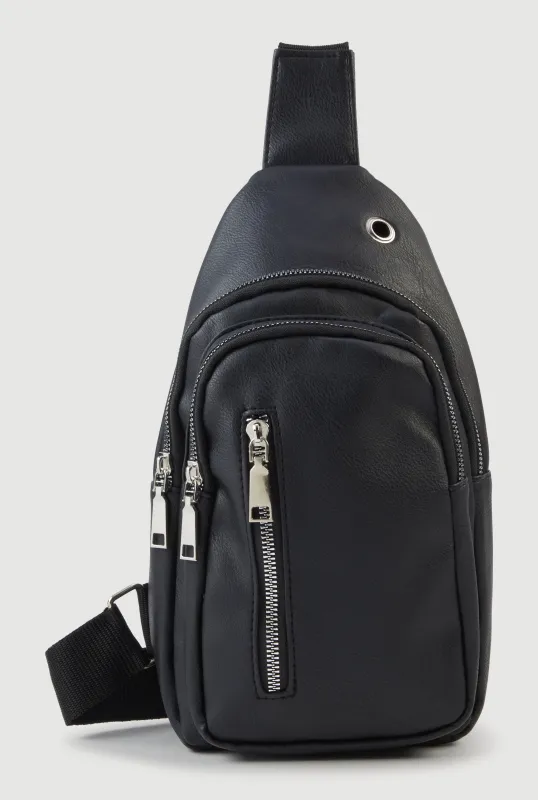 Faux Leather Sling Backpack with Metallic Zippers sold by Rainbow