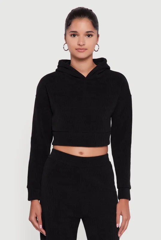 Ribbed Knit Long Sleeve Cropped Hoodie sold by Rainbow