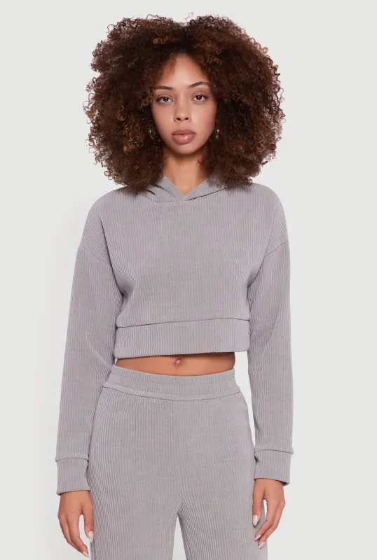 Ribbed Knit Long Sleeve Cropped Hoodie sold by Rainbow