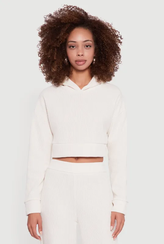 Ribbed Knit Long Sleeve Cropped Hoodie sold by Rainbow