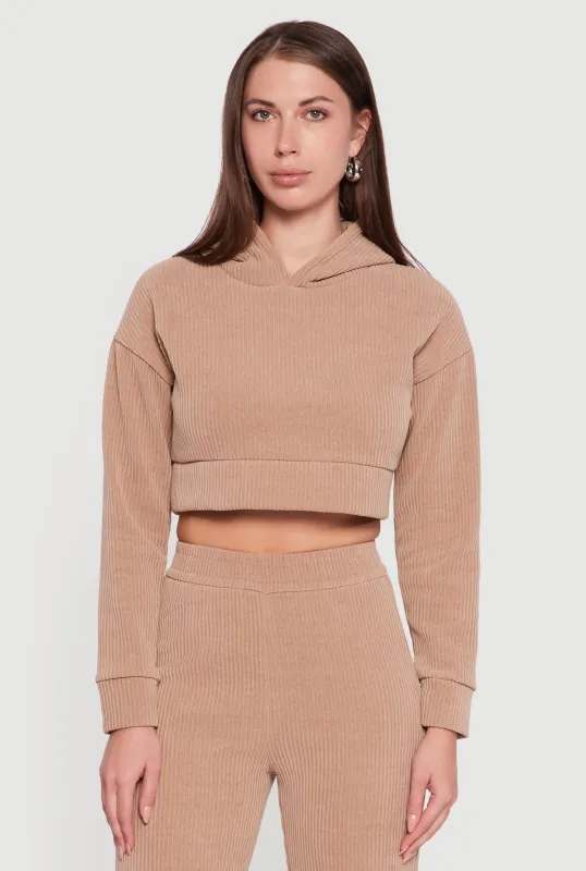 Ribbed Knit Long Sleeve Cropped Hoodie sold by Rainbow