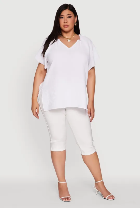 Plus Size Flutter Sleeve Side Slit V Neck Blouse sold by Rainbow