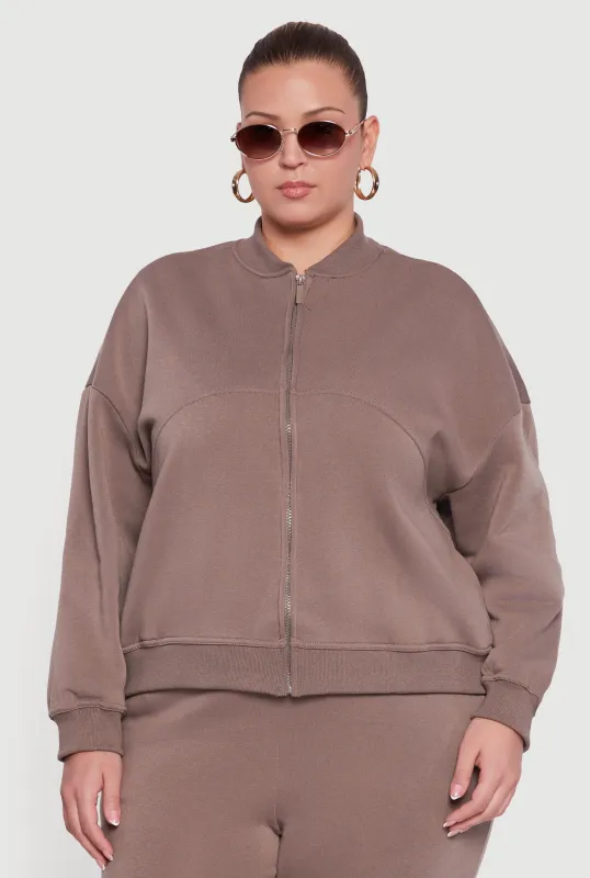 Plus Size Solid Fleece Zip Front Long Sleeve Sweatshirt sold by Rainbow