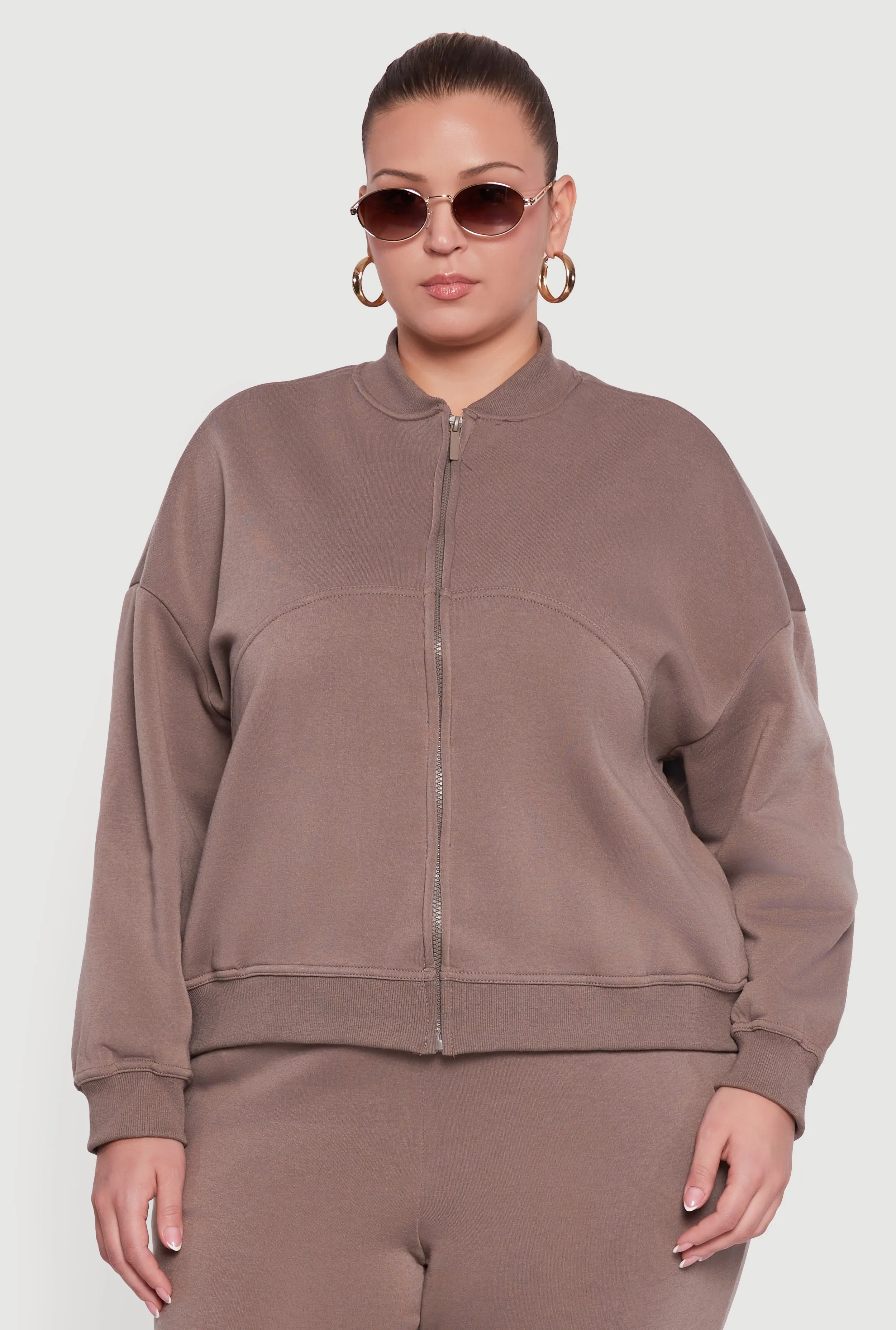 Plus Size Solid Fleece Zip Front Long Sleeve Sweatshirt sold by Rainbow