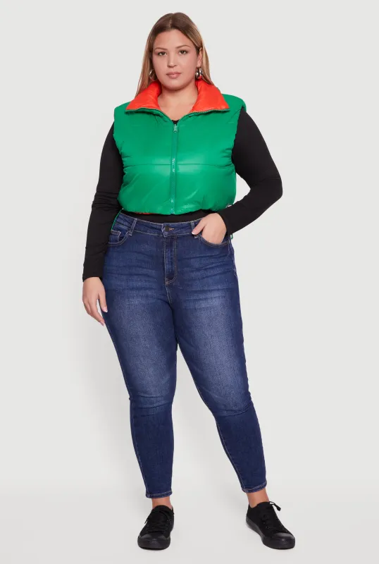 Plus Size Color Blocked Drawstring Hem Puffer Vest sold by Rainbow