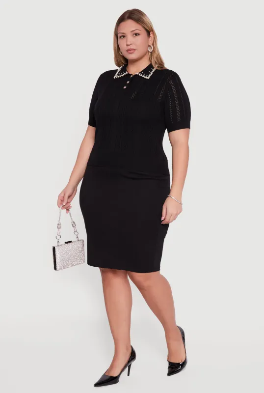 Plus Size Rhinestone and Faux Pearl Detail Pointelle Blouse sold by Rainbow