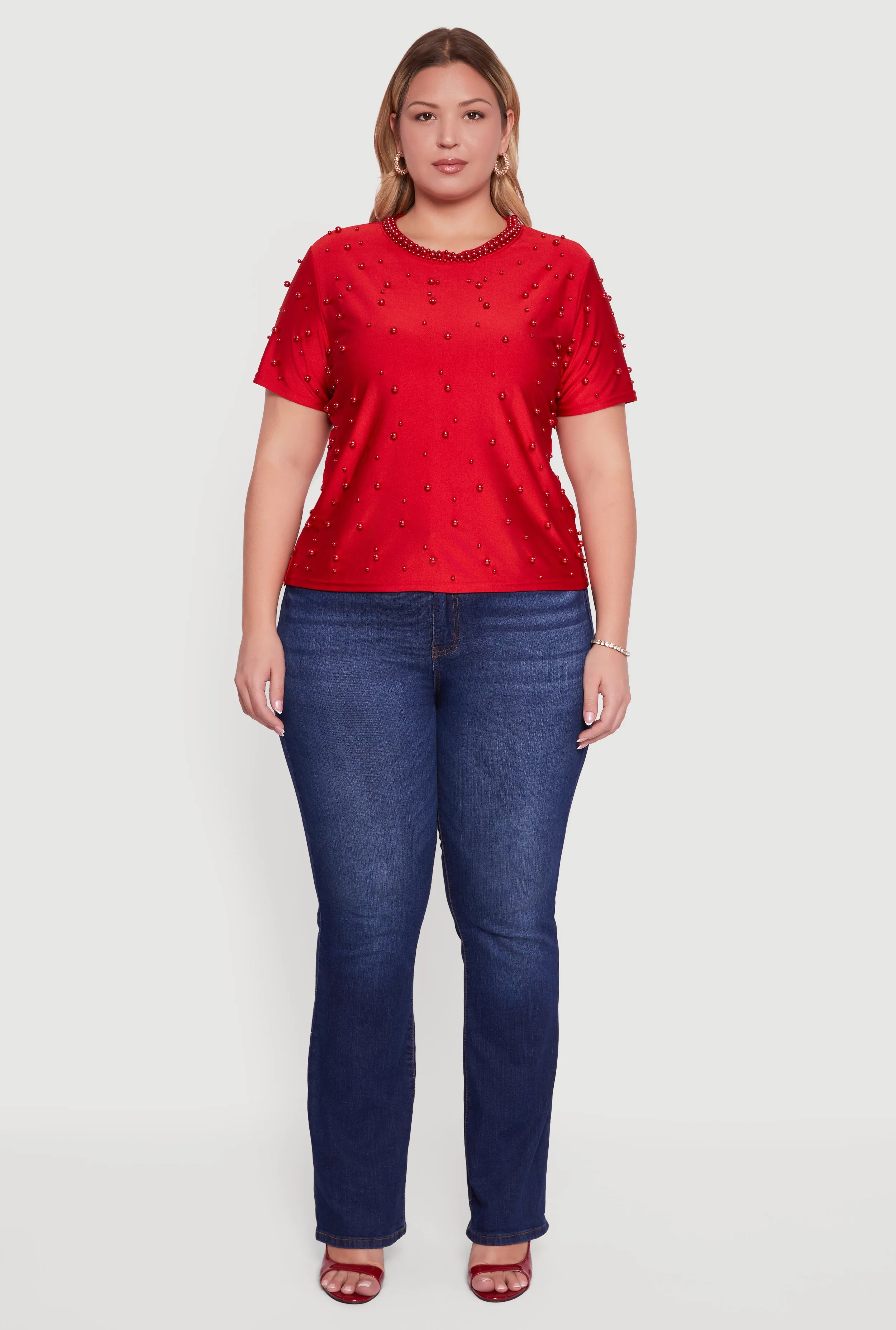 Plus Size Faux Pearl Studded Short Sleeve Blouse sold by Rainbow product image thumbnail 3