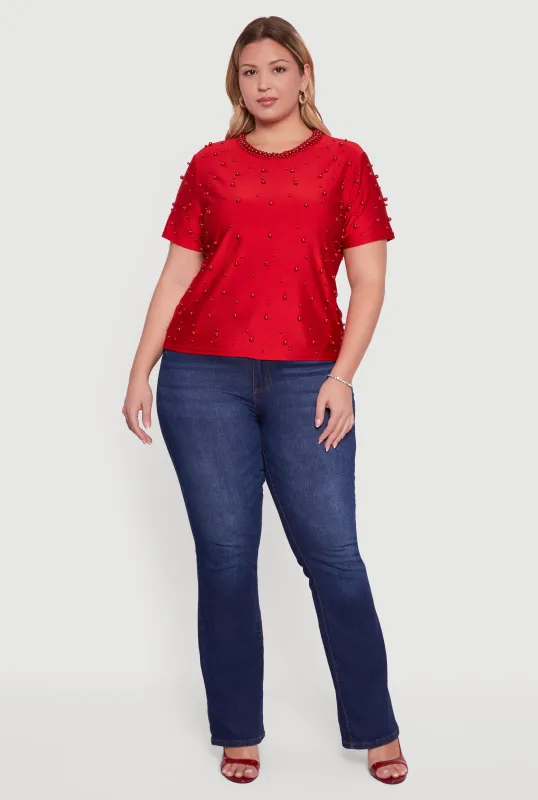 Plus Size Faux Pearl Studded Short Sleeve Blouse sold by Rainbow