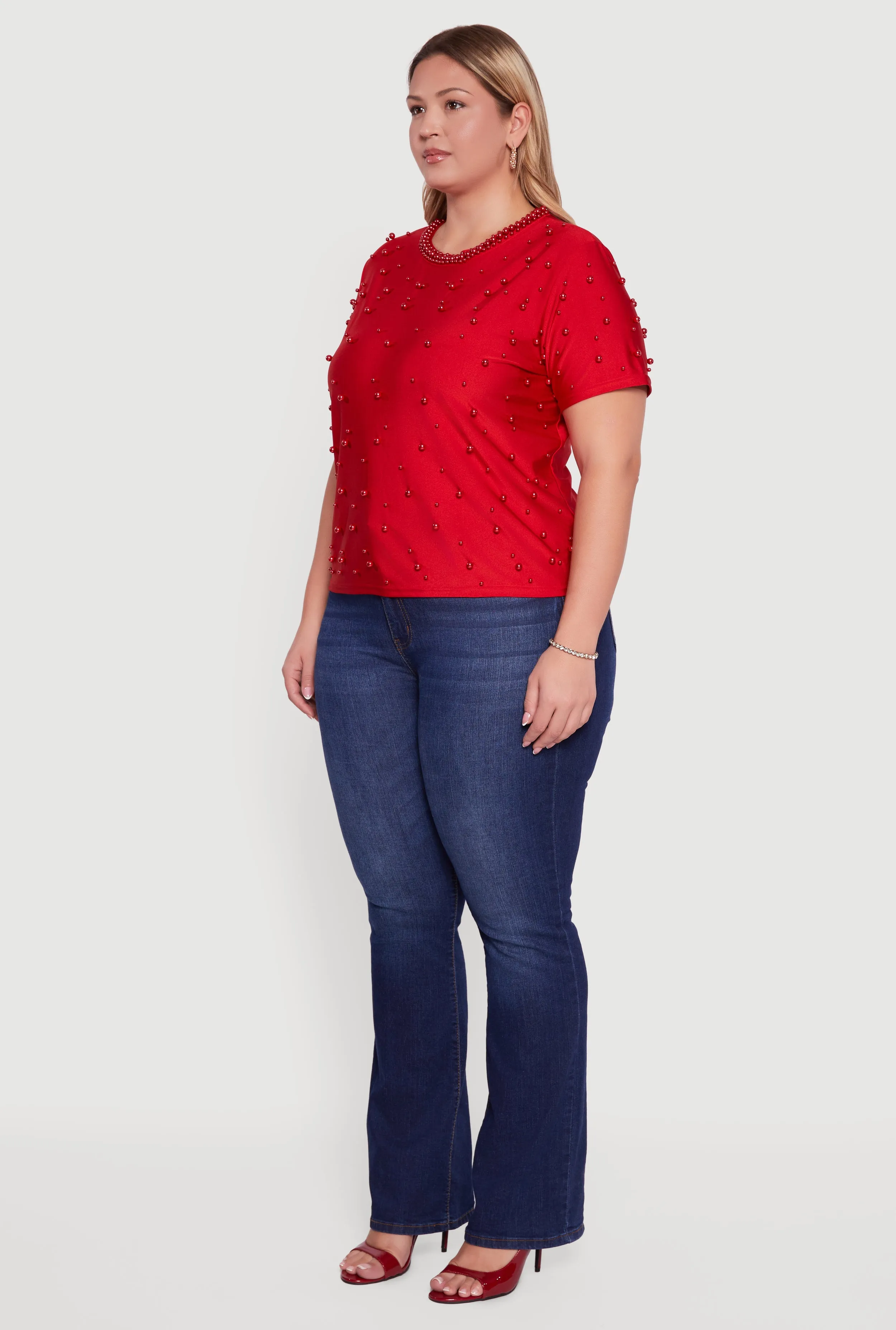 Plus Size Faux Pearl Studded Short Sleeve Blouse sold by Rainbow product image thumbnail 5