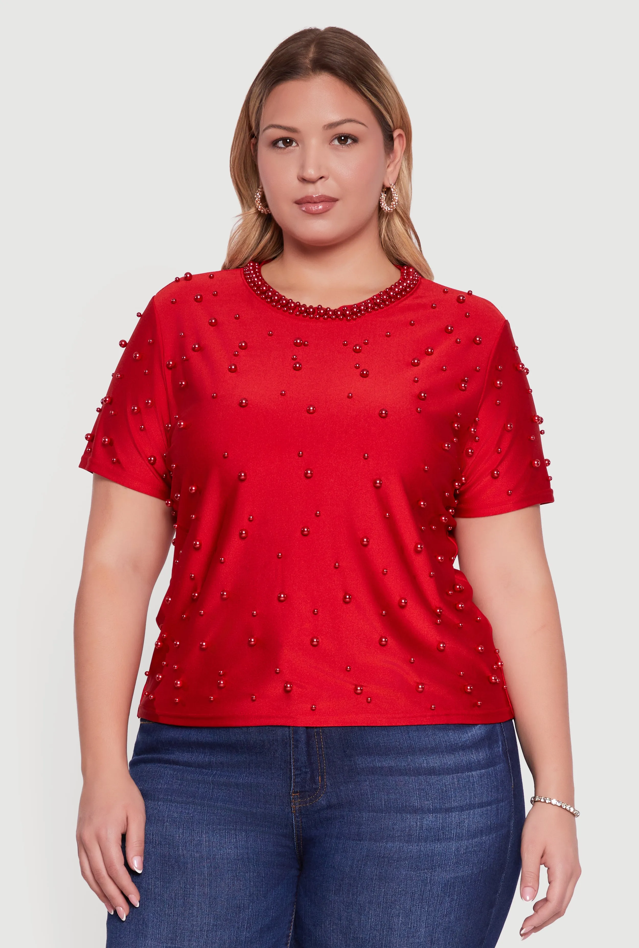 Plus Size Faux Pearl Studded Short Sleeve Blouse sold by Rainbow product image thumbnail 2