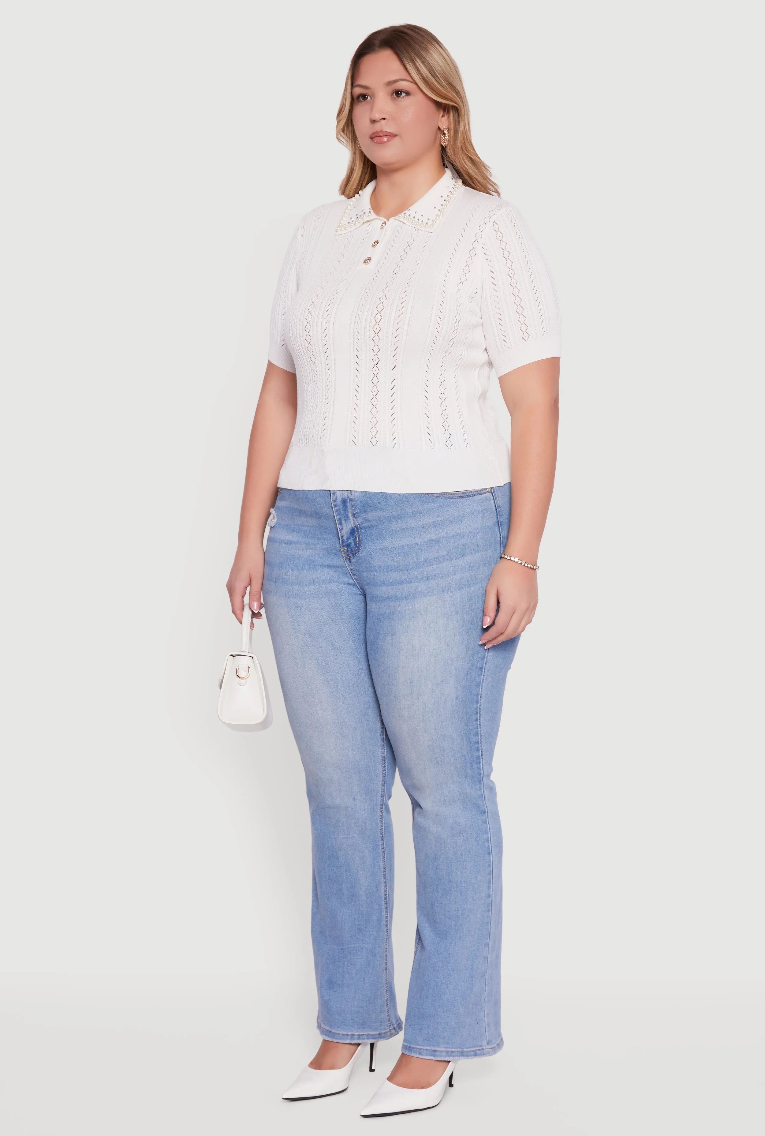 Plus Size Rhinestone and Faux Pearl Detail Pointelle Blouse sold by Rainbow product image thumbnail 5