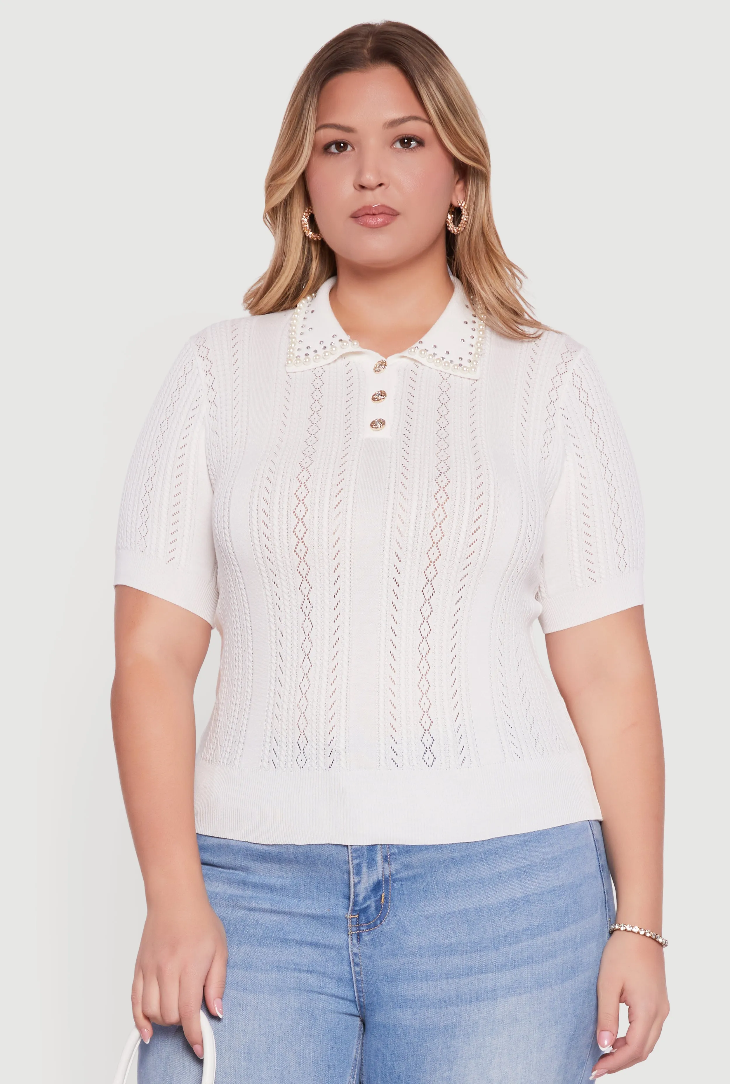 Plus Size Rhinestone and Faux Pearl Detail Pointelle Blouse sold by Rainbow product image thumbnail 2