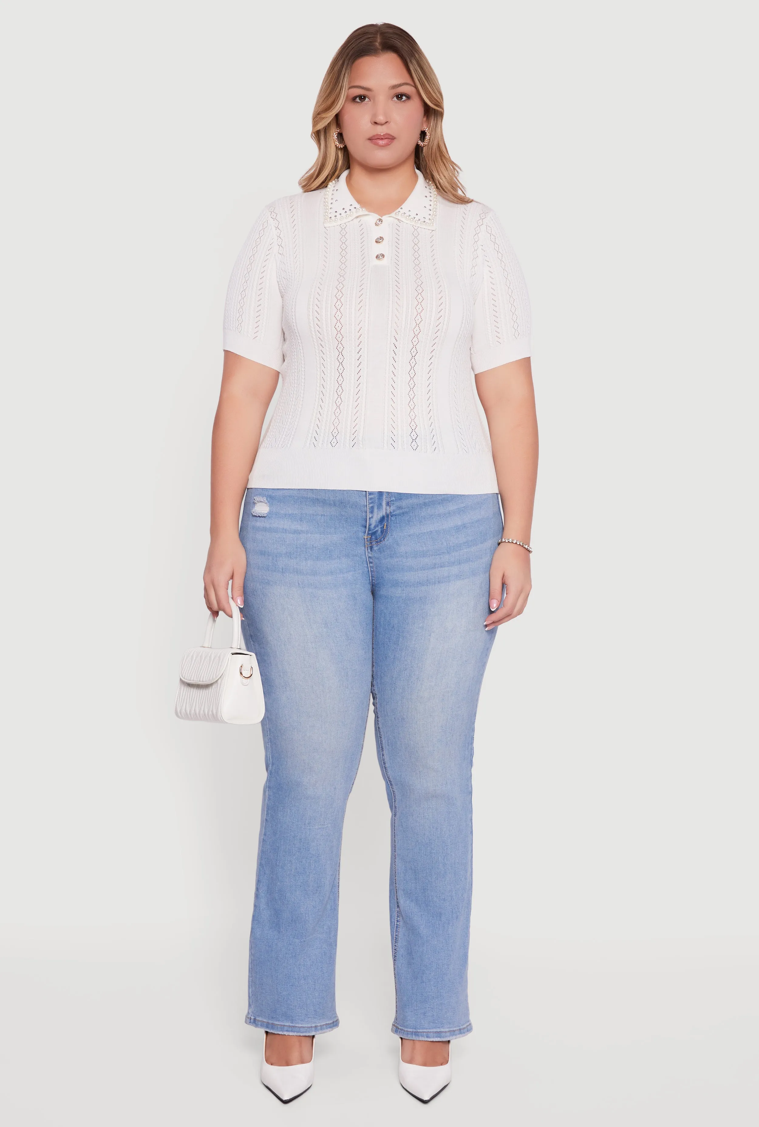 Plus Size Rhinestone and Faux Pearl Detail Pointelle Blouse sold by Rainbow product image thumbnail 3