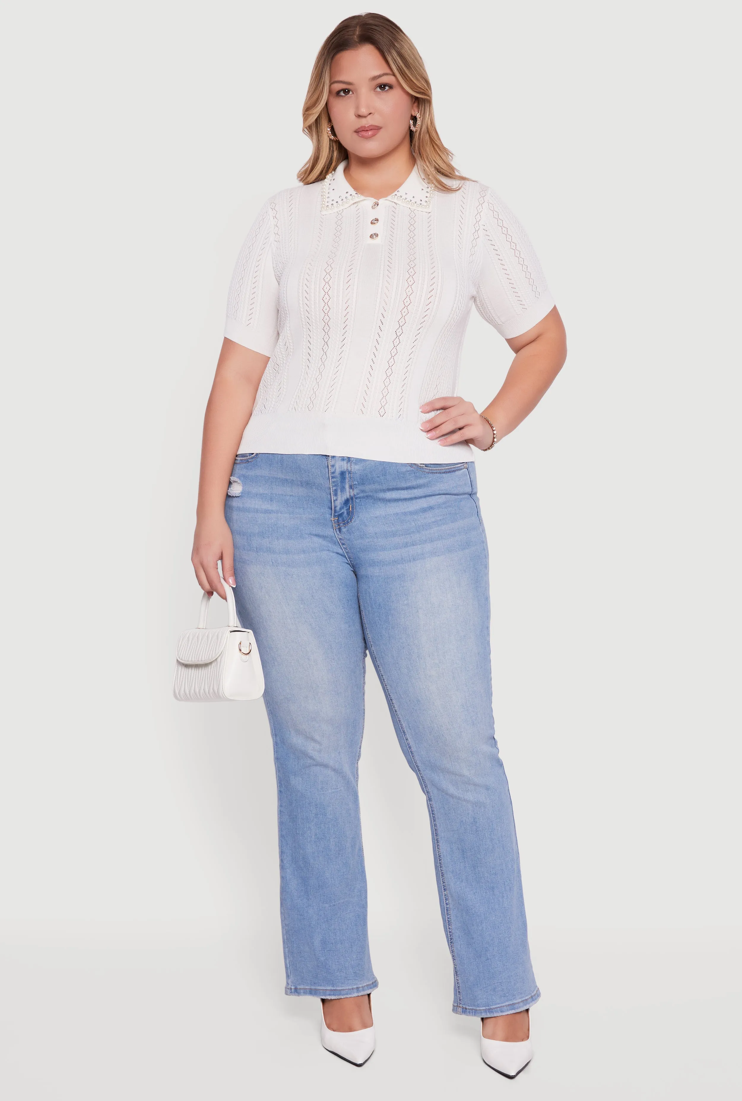 Plus Size Rhinestone and Faux Pearl Detail Pointelle Blouse sold by Rainbow