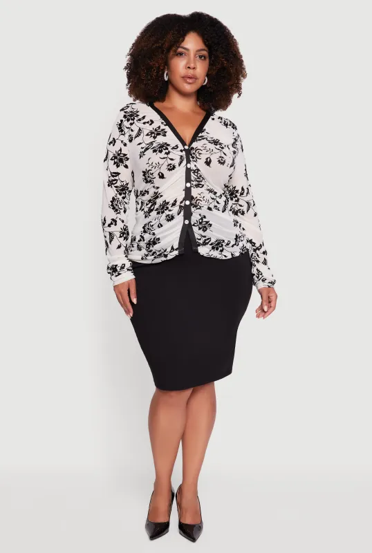 Plus Size Velvet Burnout Floral Mesh Button Front Blouse sold by Rainbow