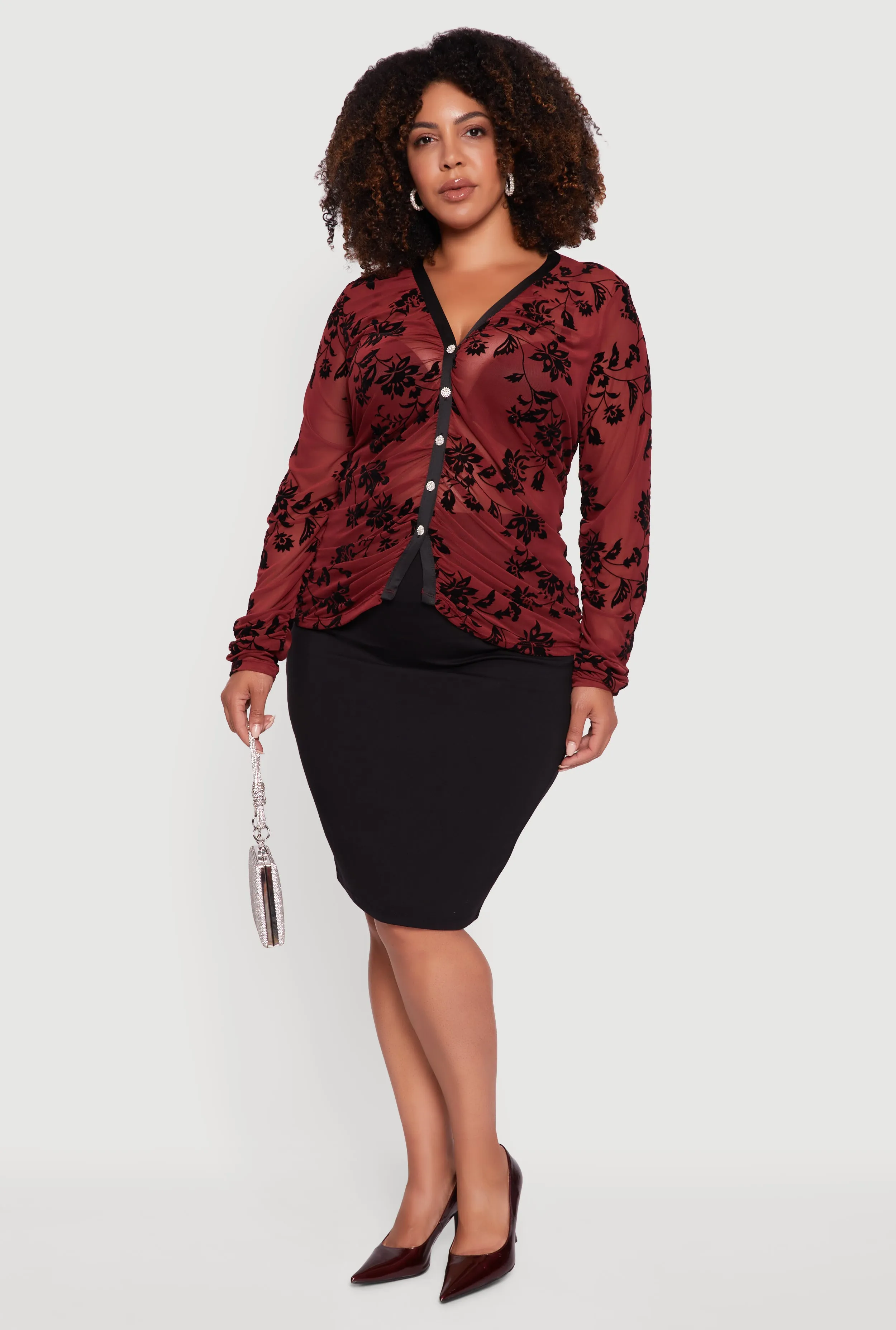 Plus Size Velvet Burnout Floral Mesh Button Front Blouse sold by Rainbow product image thumbnail 2