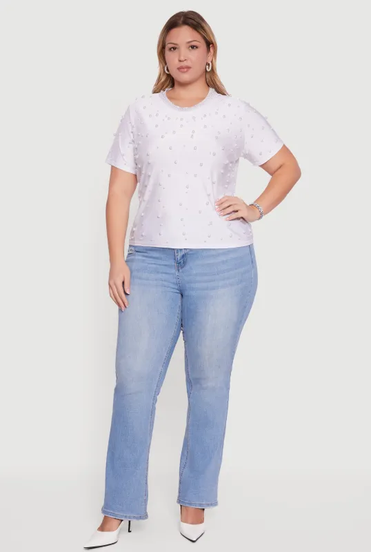 Plus Size Faux Pearl Studded Short Sleeve Blouse sold by Rainbow