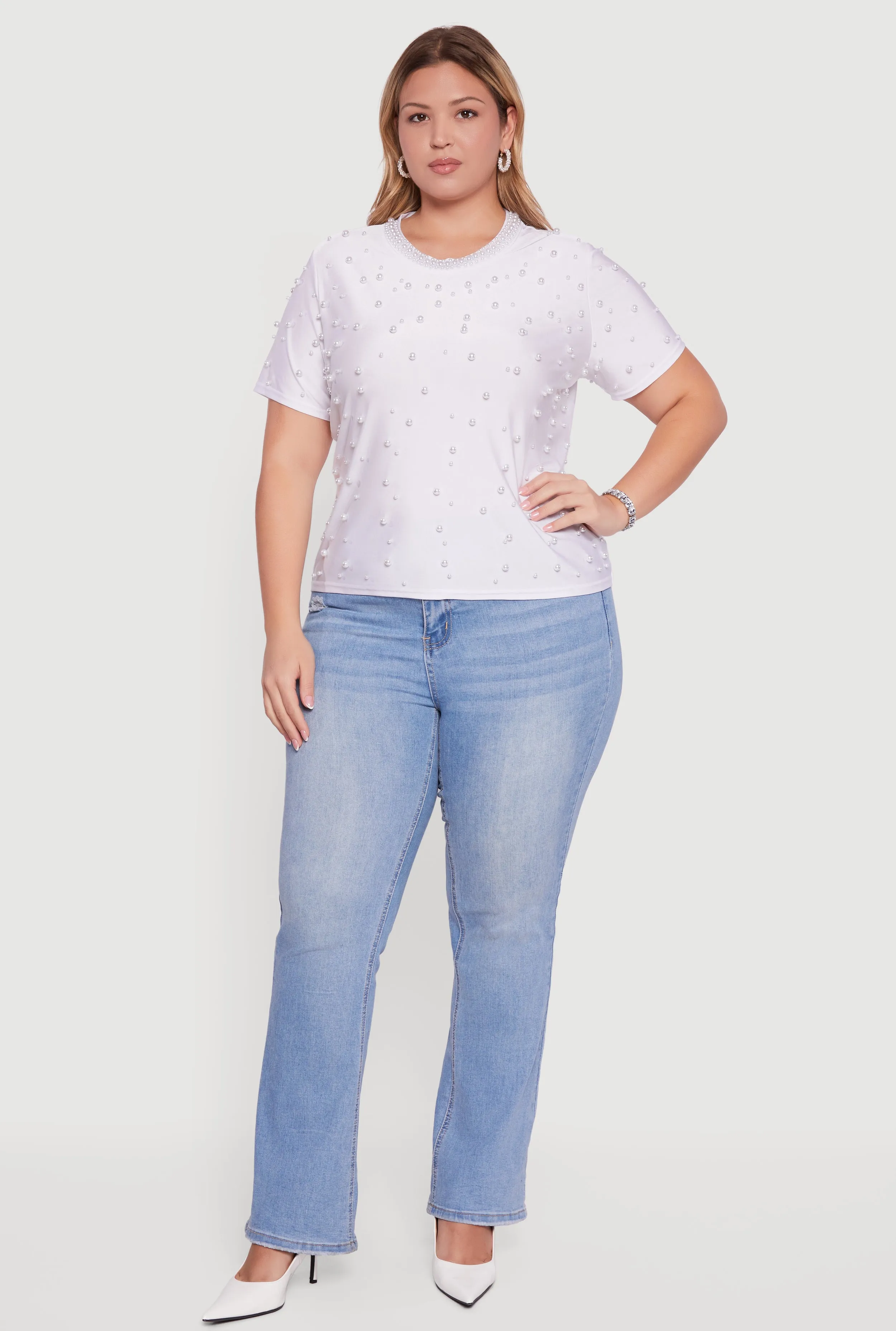 Plus Size Faux Pearl Studded Short Sleeve Blouse sold by Rainbow