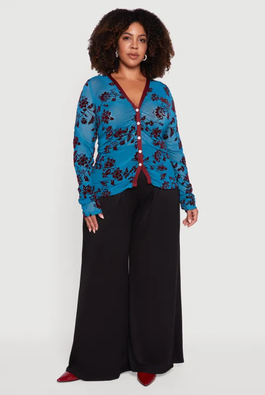 Plus Size Velvet Burnout Floral Mesh Button Front Blouse sold by Rainbow