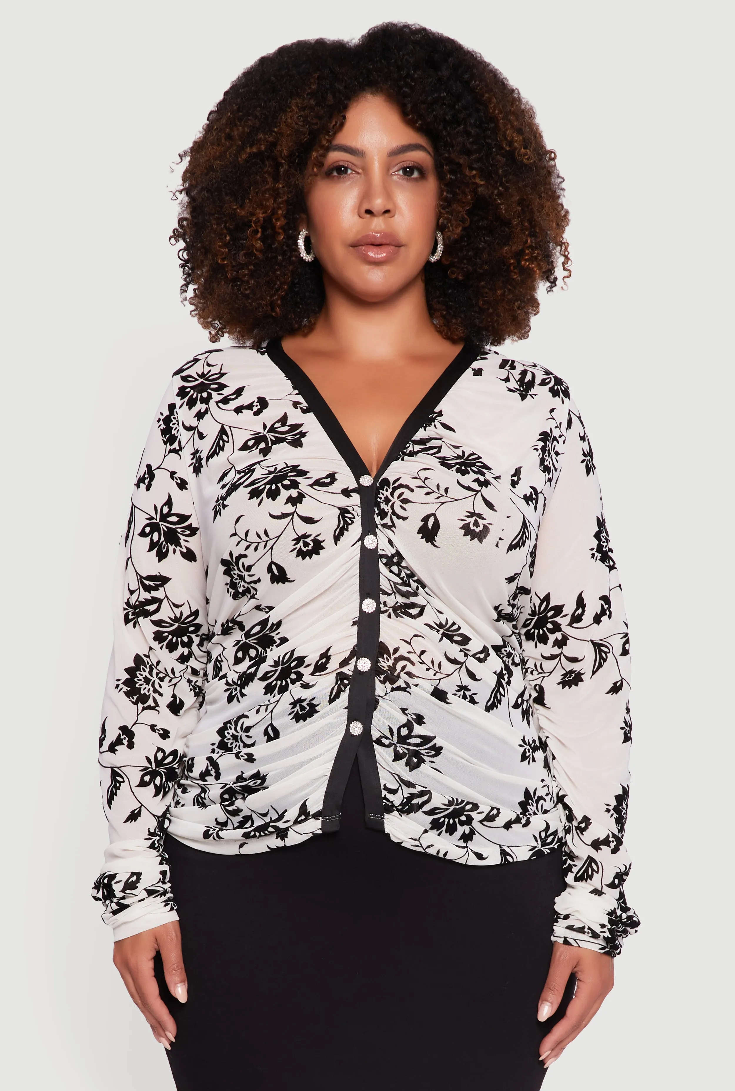 Plus Size Velvet Burnout Floral Mesh Button Front Blouse sold by Rainbow product image thumbnail 2