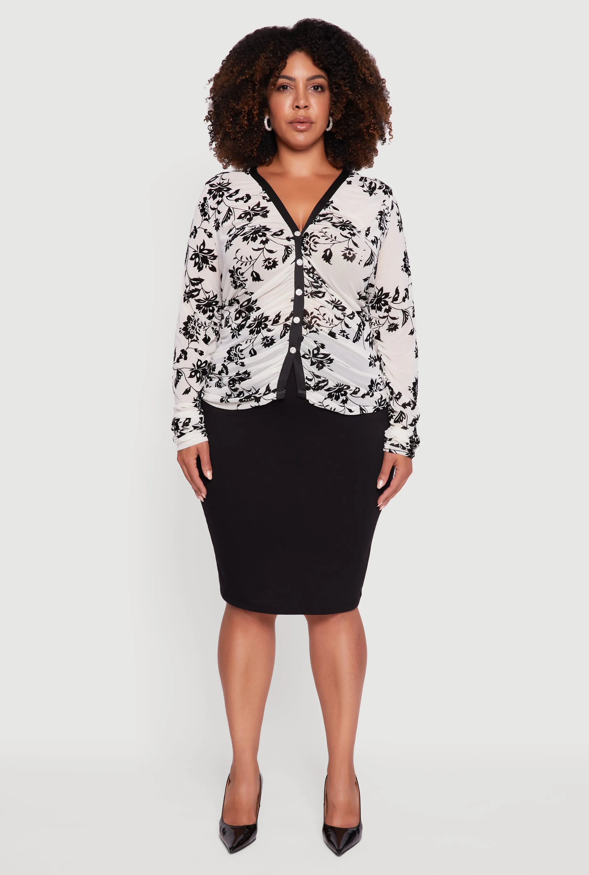 Plus Size Velvet Burnout Floral Mesh Button Front Blouse sold by Rainbow product image thumbnail 3