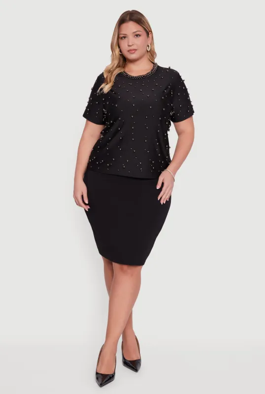 Plus Size Faux Pearl Studded Short Sleeve Blouse sold by Rainbow