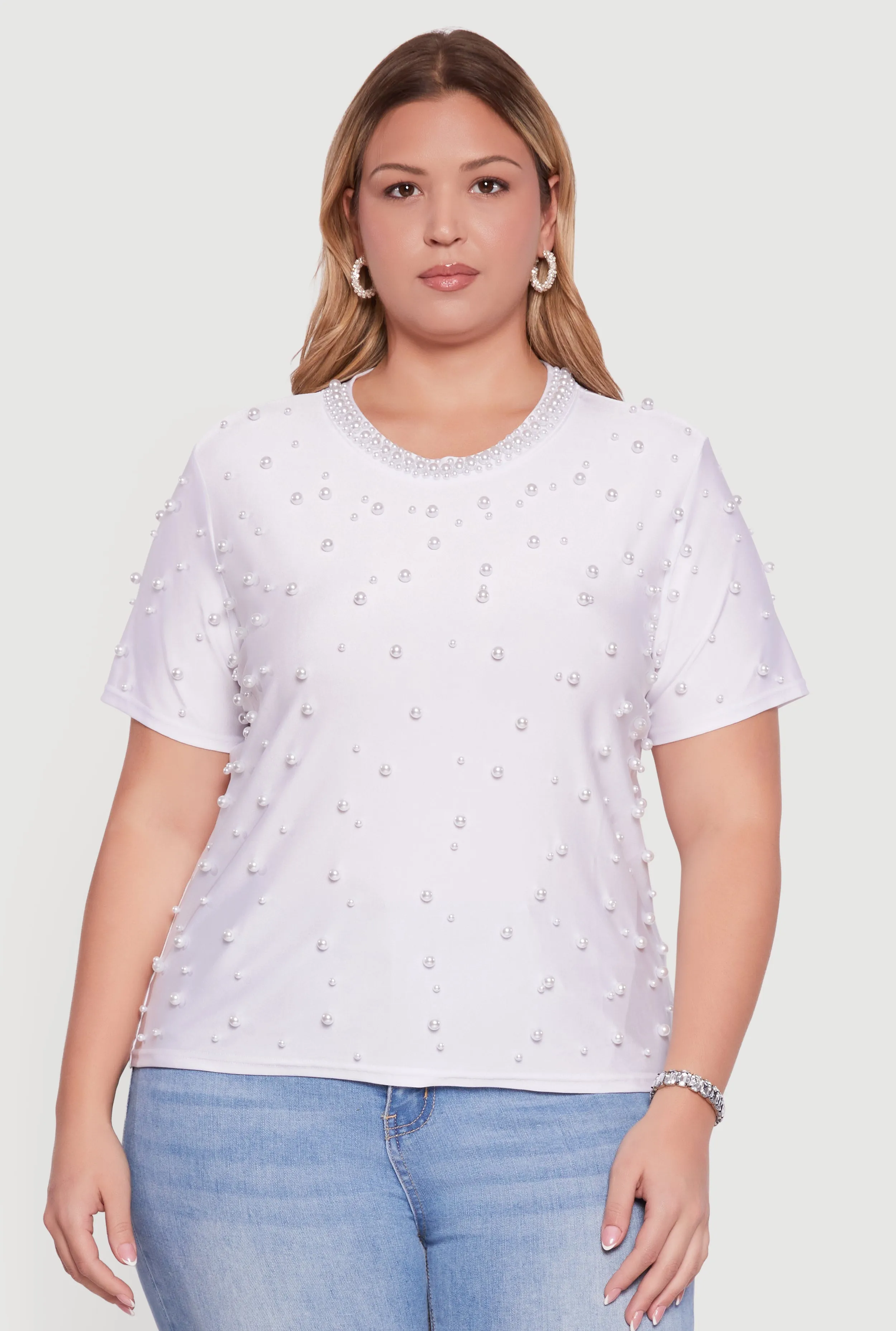 Plus Size Faux Pearl Studded Short Sleeve Blouse sold by Rainbow product image thumbnail 2
