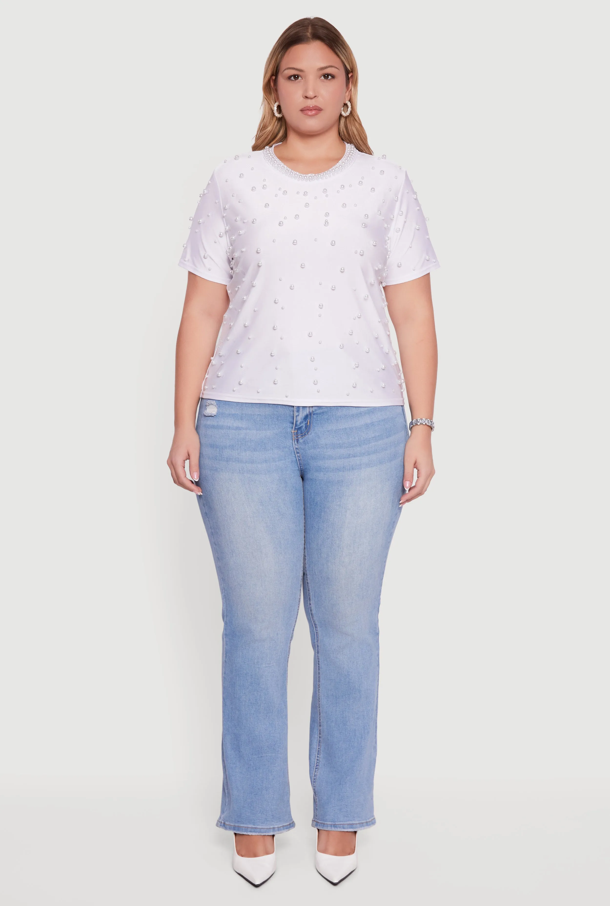 Plus Size Faux Pearl Studded Short Sleeve Blouse sold by Rainbow product image thumbnail 3