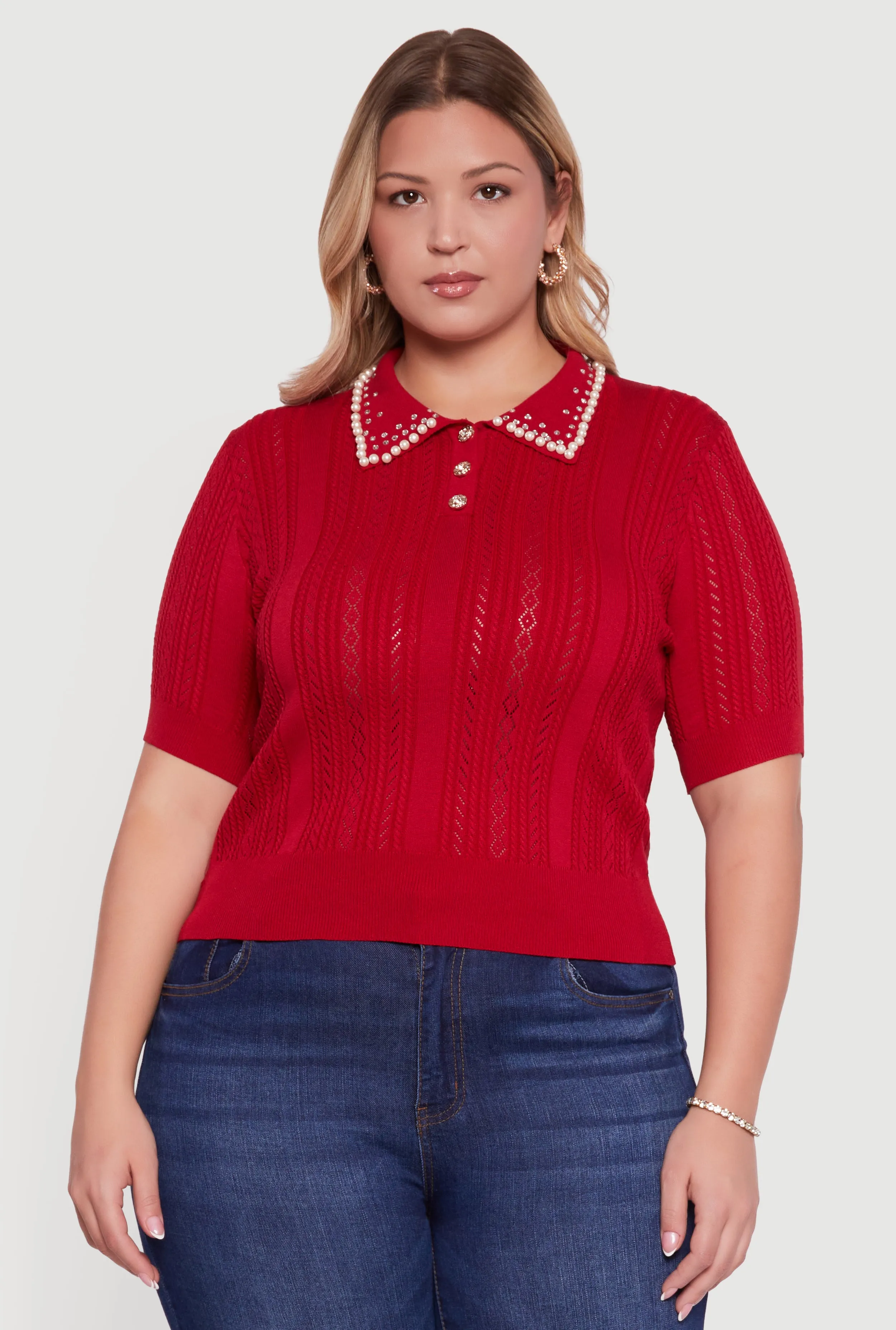 Plus Size Rhinestone and Faux Pearl Detail Pointelle Blouse sold by Rainbow product image thumbnail 2