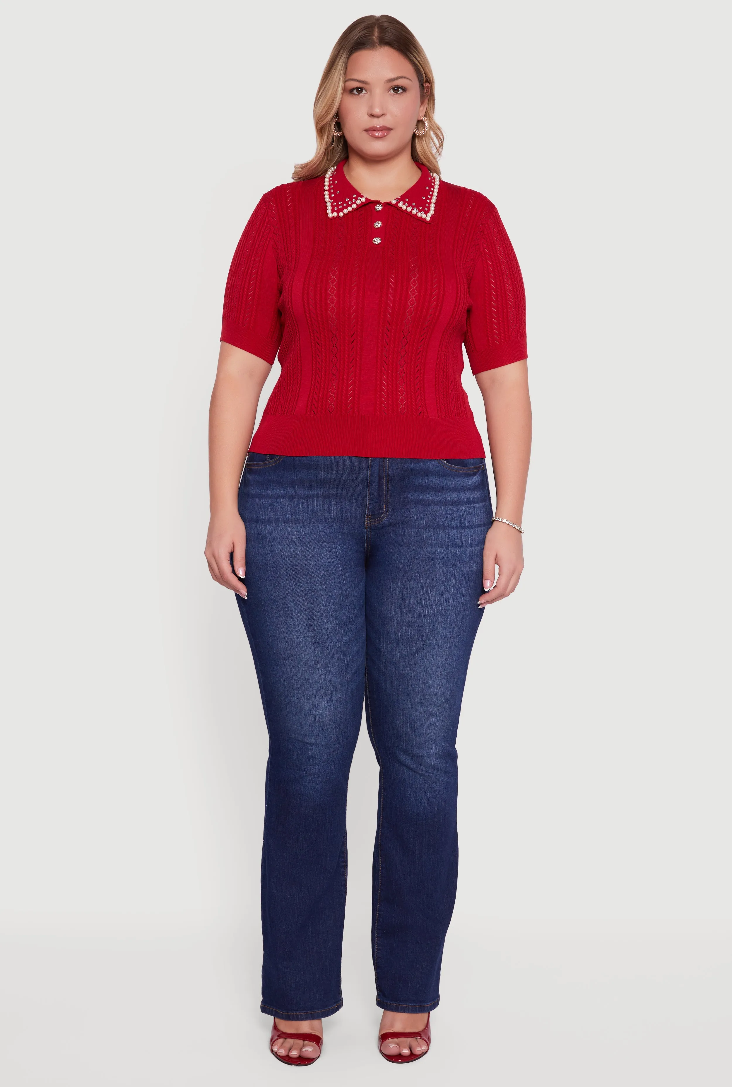 Plus Size Rhinestone and Faux Pearl Detail Pointelle Blouse sold by Rainbow product image thumbnail 3