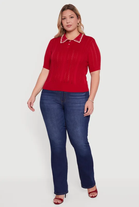 Plus Size Rhinestone and Faux Pearl Detail Pointelle Blouse sold by Rainbow