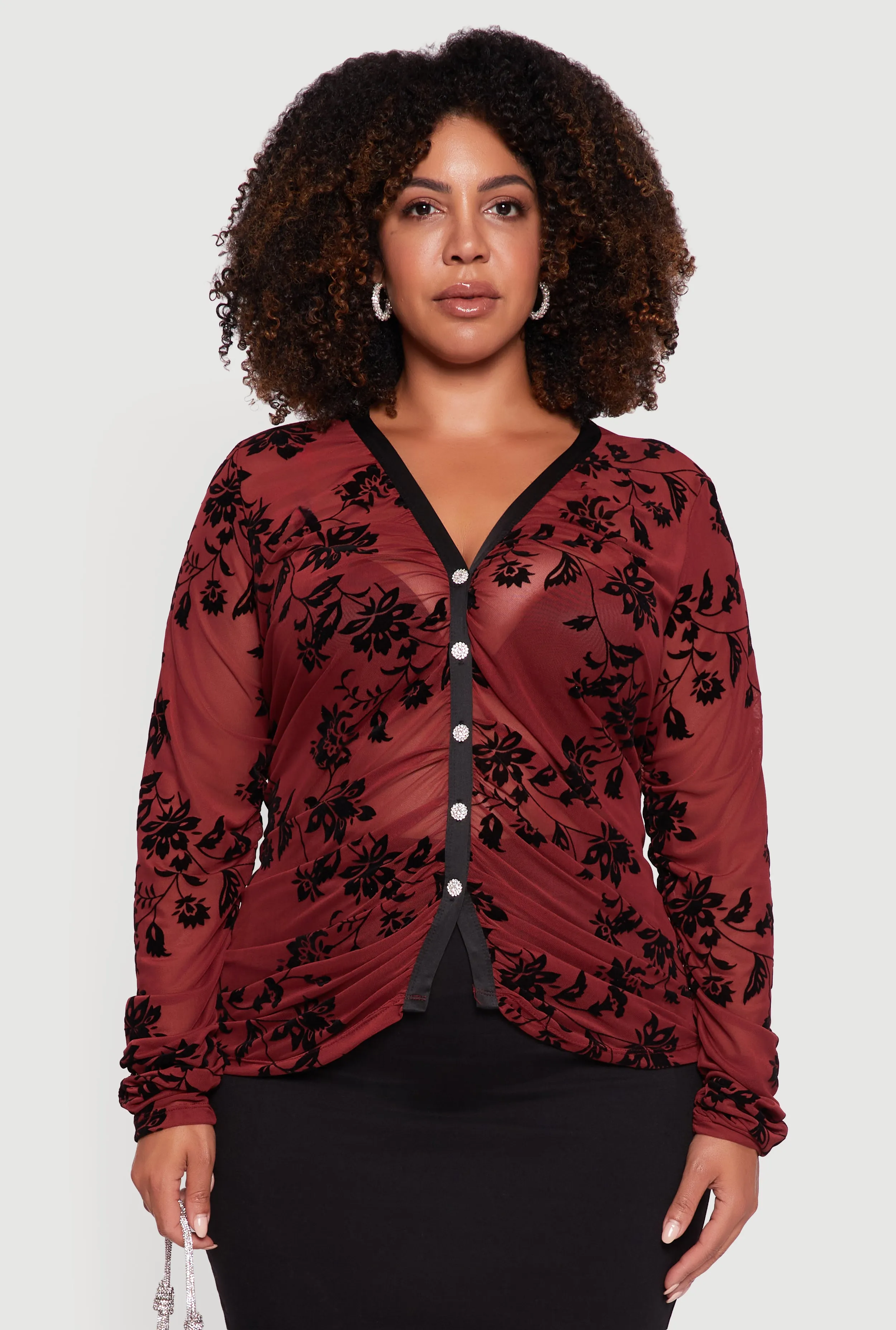 Plus Size Velvet Burnout Floral Mesh Button Front Blouse sold by Rainbow product image thumbnail 2