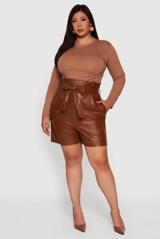 Plus Size Faux Leather Paper Bag Waist Shorts with Tie Waist Belt sold by Rainbow