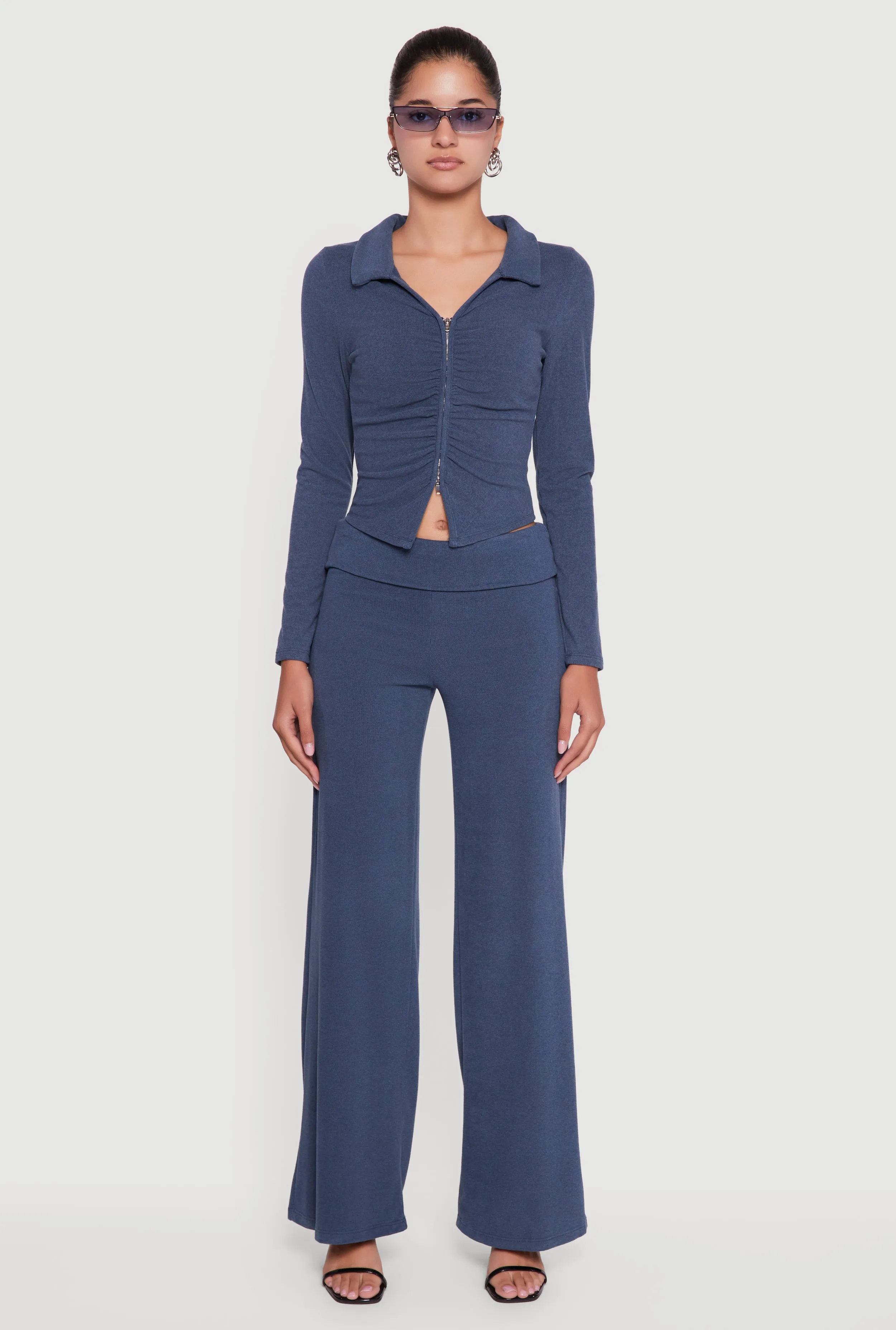 Brushed Ribbed Knit Fold Over Flare Pants sold by Rainbow product image thumbnail 2