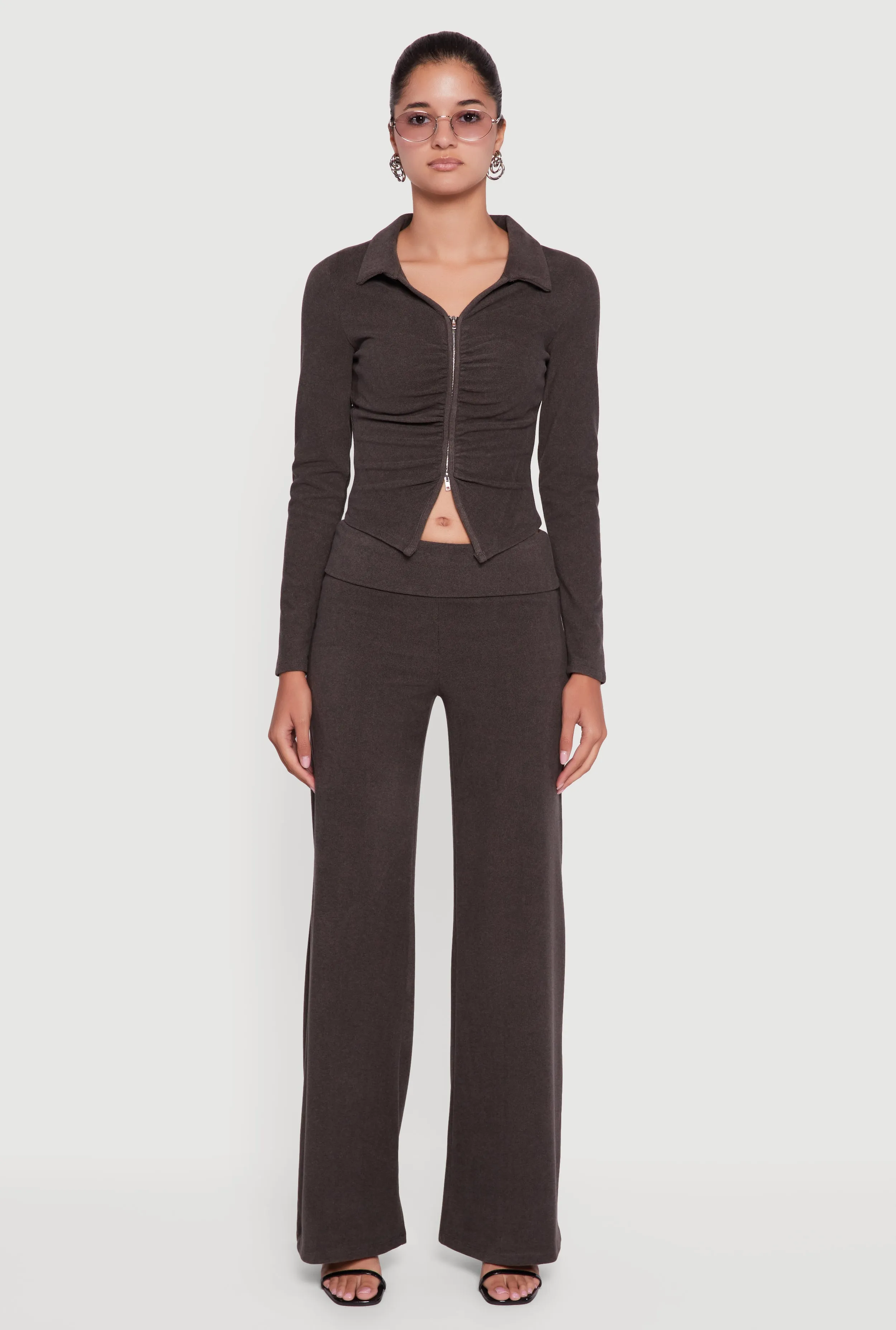 Brushed Ribbed Knit Fold Over Flare Pants sold by Rainbow product image thumbnail 2