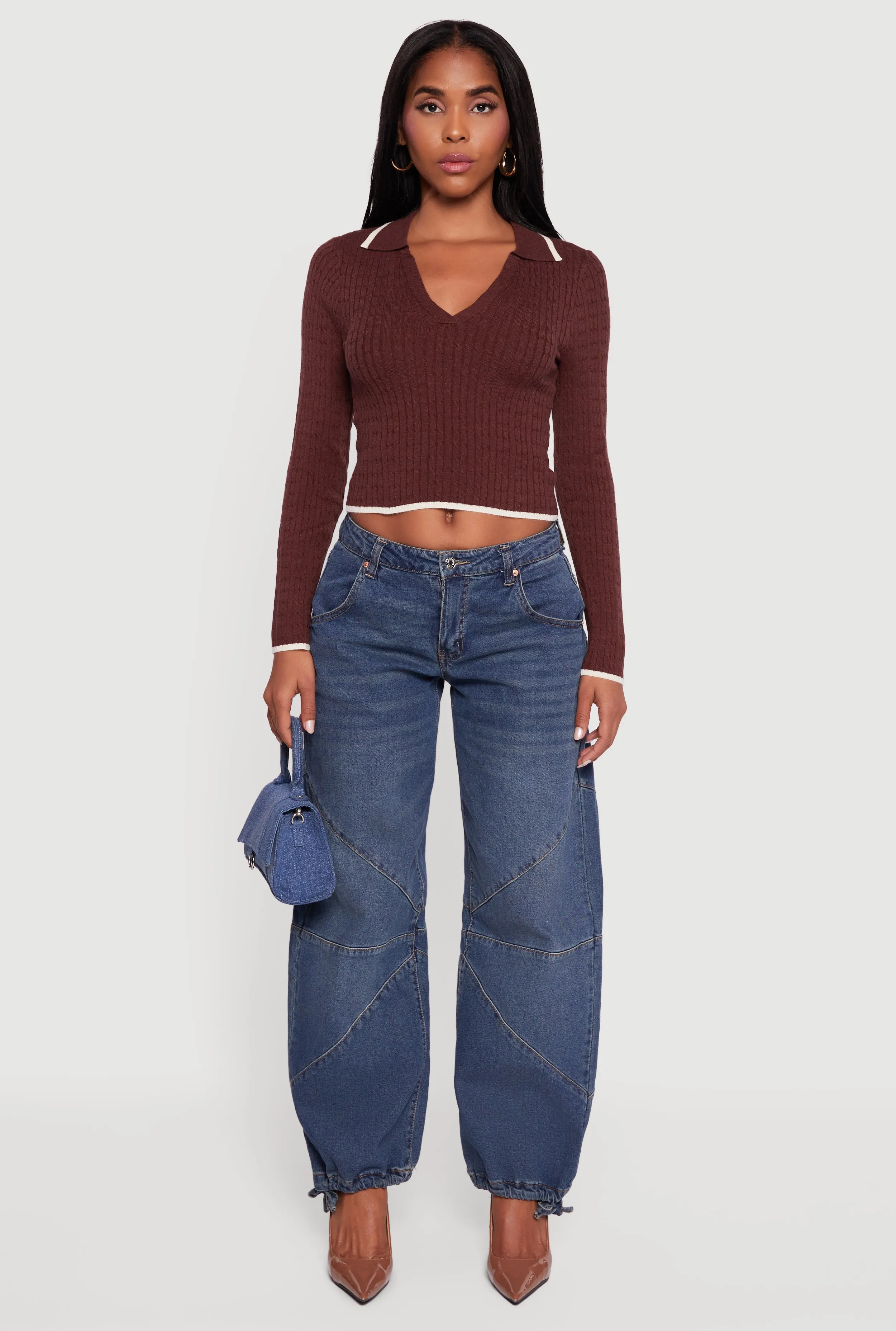 Contrast Trim Cable Knit Cropped Johnny Collar Sweater sold by Rainbow product image thumbnail 3