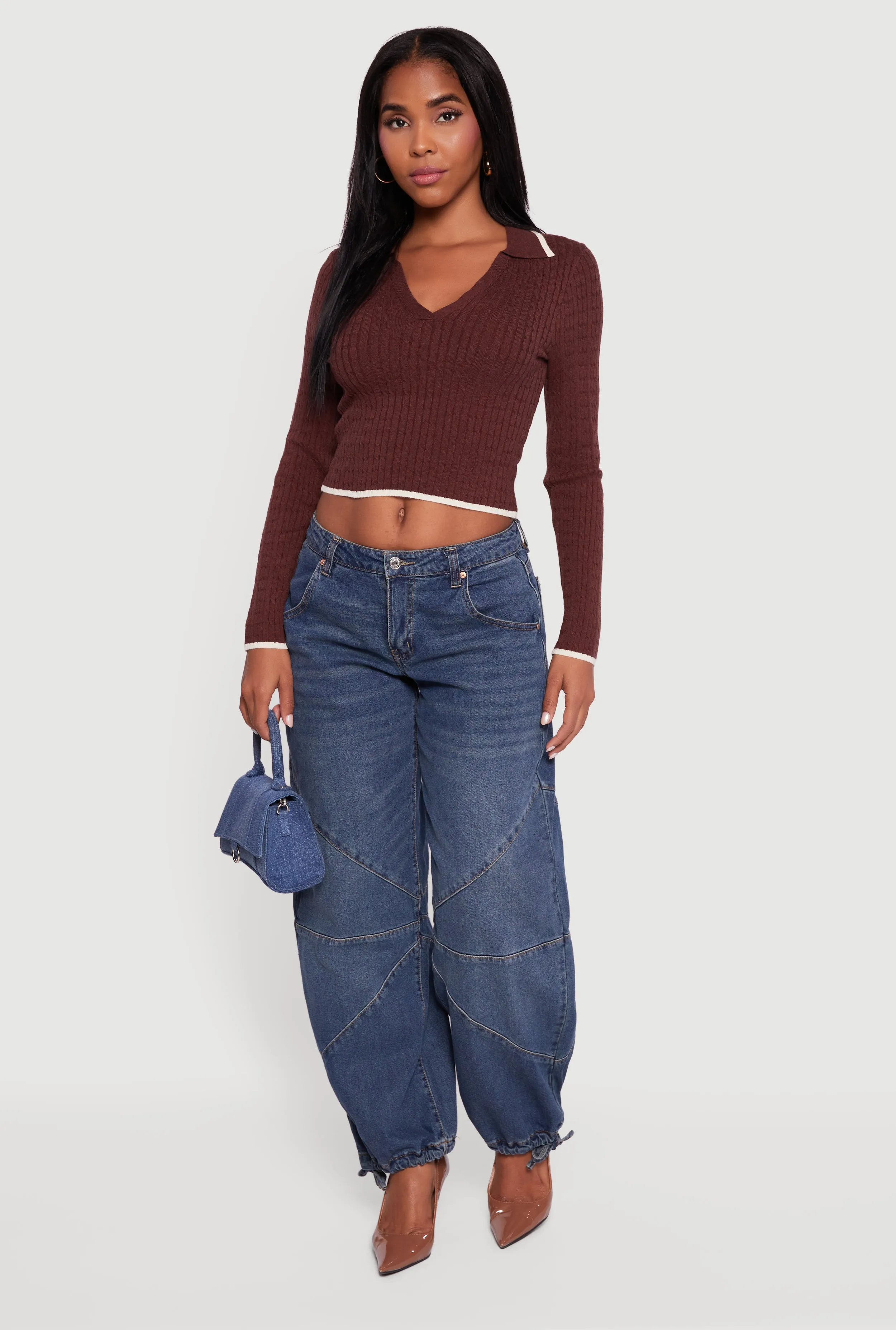 Contrast Trim Cable Knit Cropped Johnny Collar Sweater sold by Rainbow