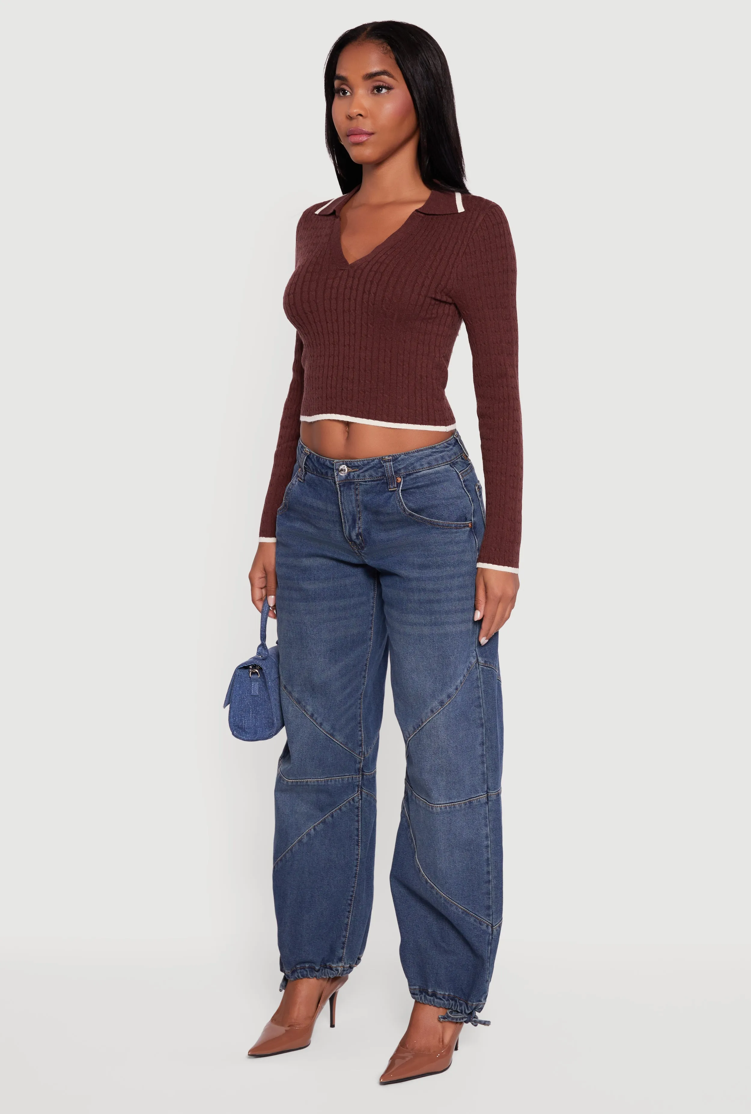 Contrast Trim Cable Knit Cropped Johnny Collar Sweater sold by Rainbow product image thumbnail 5
