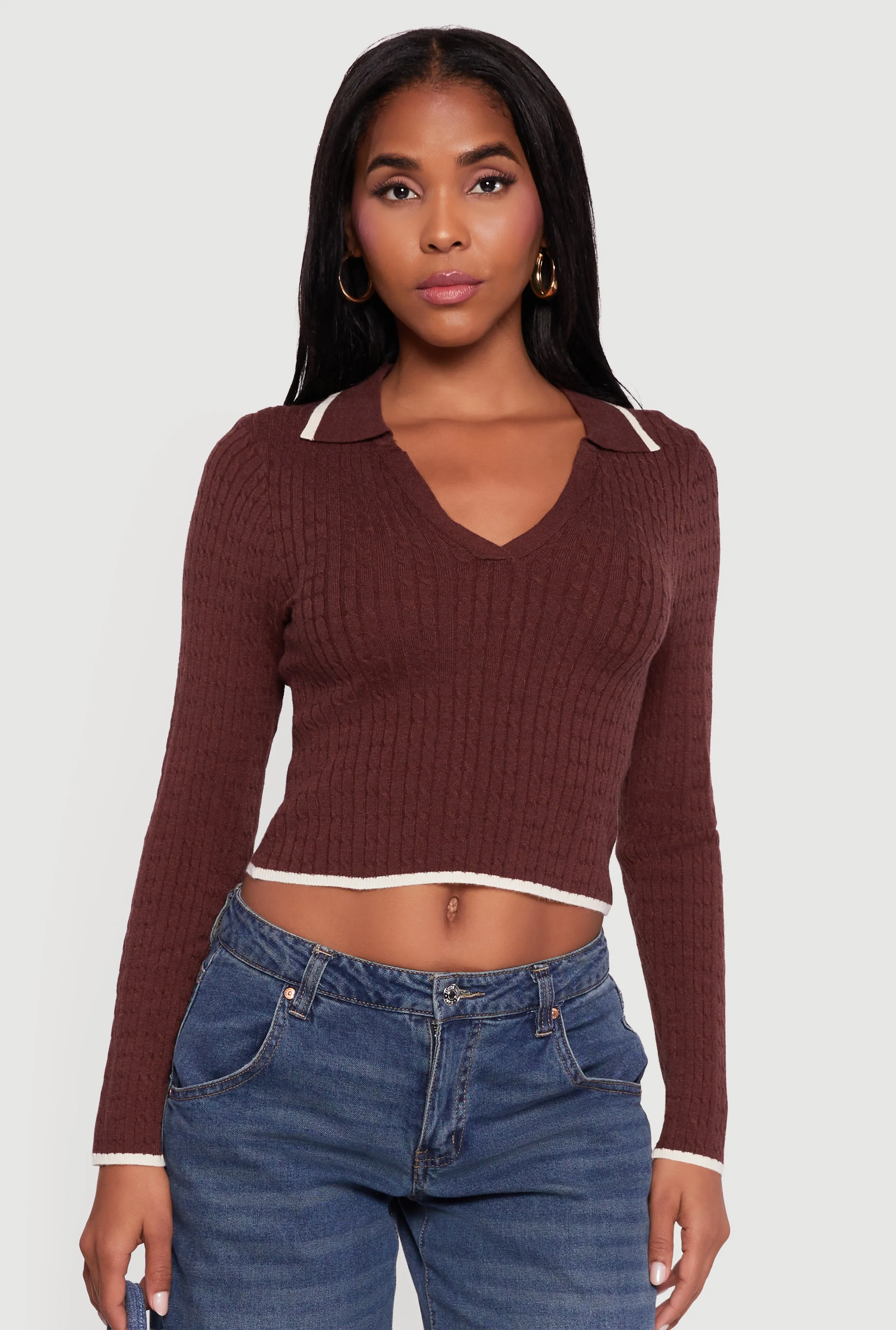 Contrast Trim Cable Knit Cropped Johnny Collar Sweater sold by Rainbow product image thumbnail 2