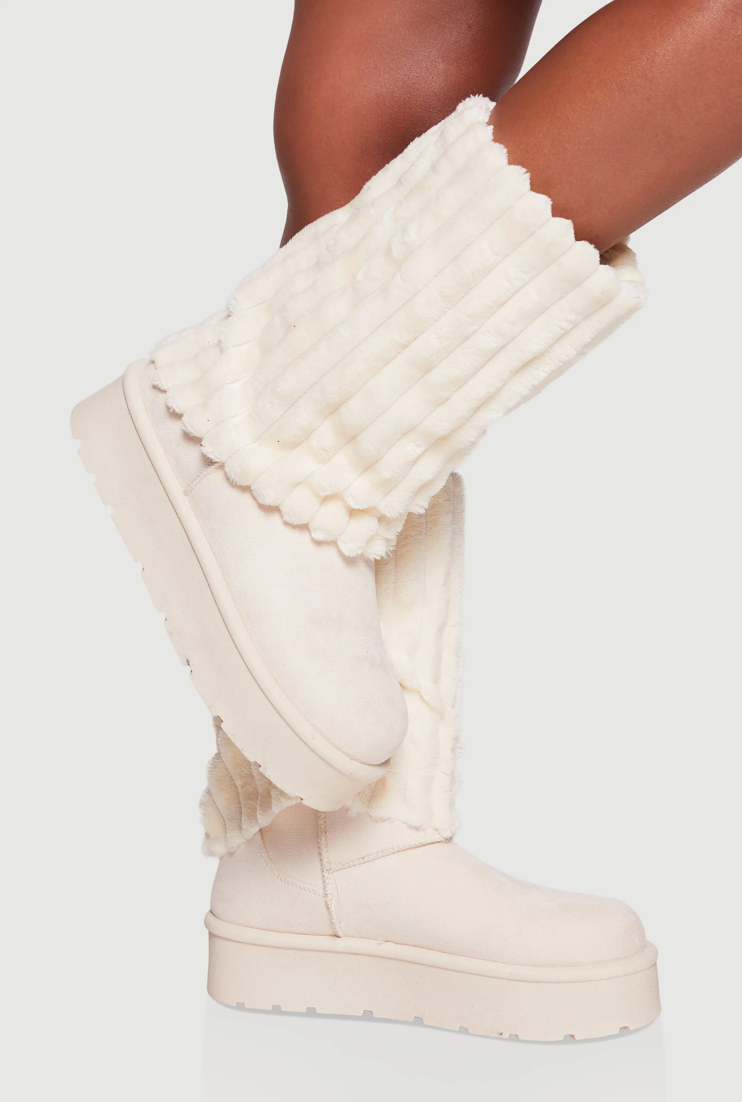 Ribbed Faux Fur Cuff Round Toe Platform Boots sold by Rainbow