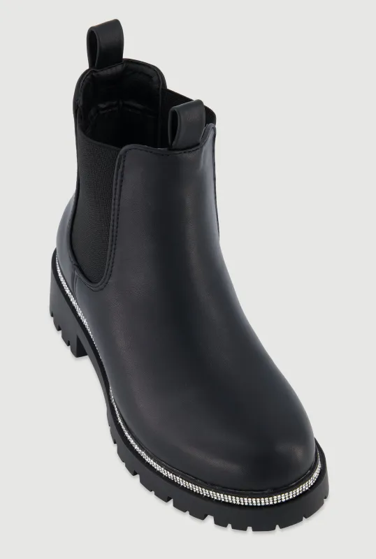 Faux Leather Rhinestone Trim Block Heel Chelsea Boots sold by Rainbow