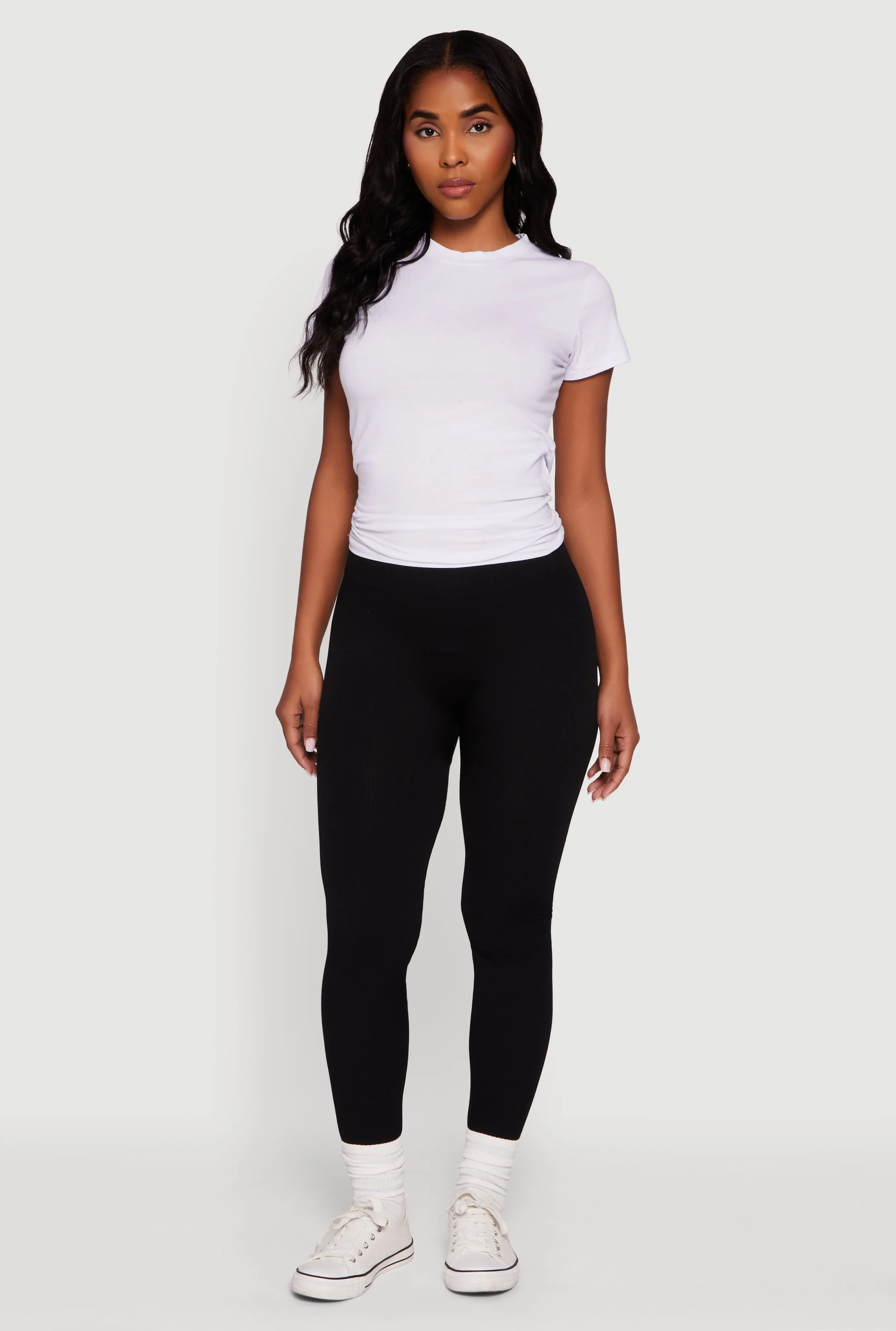Fleece Lined Ribbed Knit Basic Mid Rise Leggings sold by Rainbow