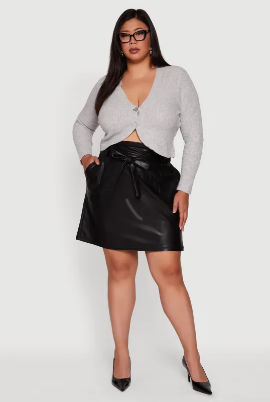 Plus Size High Waisted Faux Leather Skirt with Tie Waist Belt sold by Rainbow