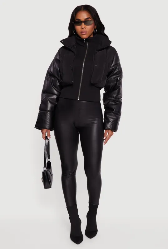 Double Layered Faux Leather Sleeve Mock Neck Puffer Jacket sold by Rainbow