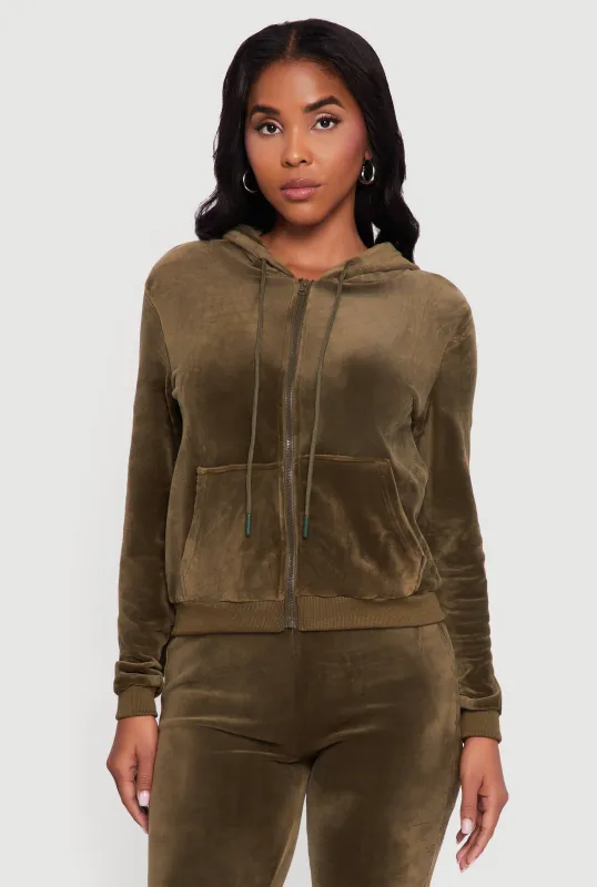 Velour Zip Front Drawstring Hoodie sold by Rainbow