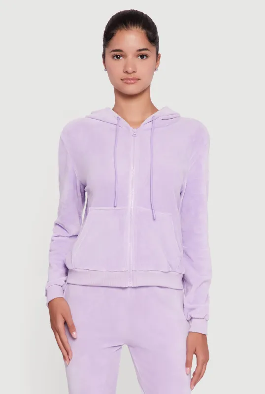 Velour Zip Front Drawstring Hoodie sold by Rainbow