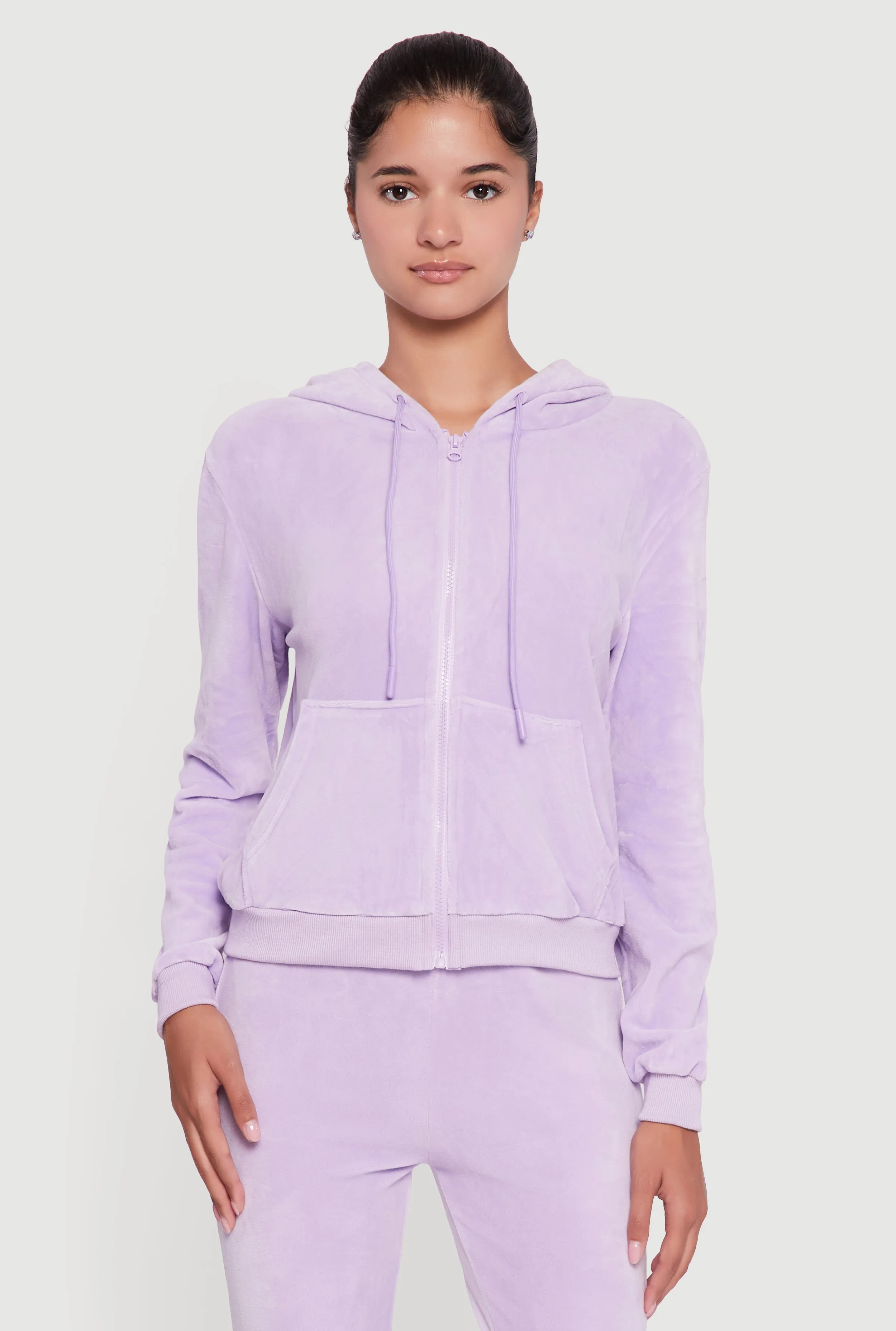 Velour Zip Front Drawstring Hoodie sold by Rainbow