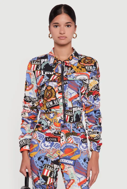 Zip Front Printed Pattern Ruched Sleeve Jacket sold by Rainbow